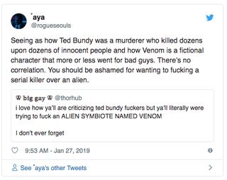 Illustration for article titled So, the people who want to fuck Venom are fighting with the people who want to fuck Ted Bundy